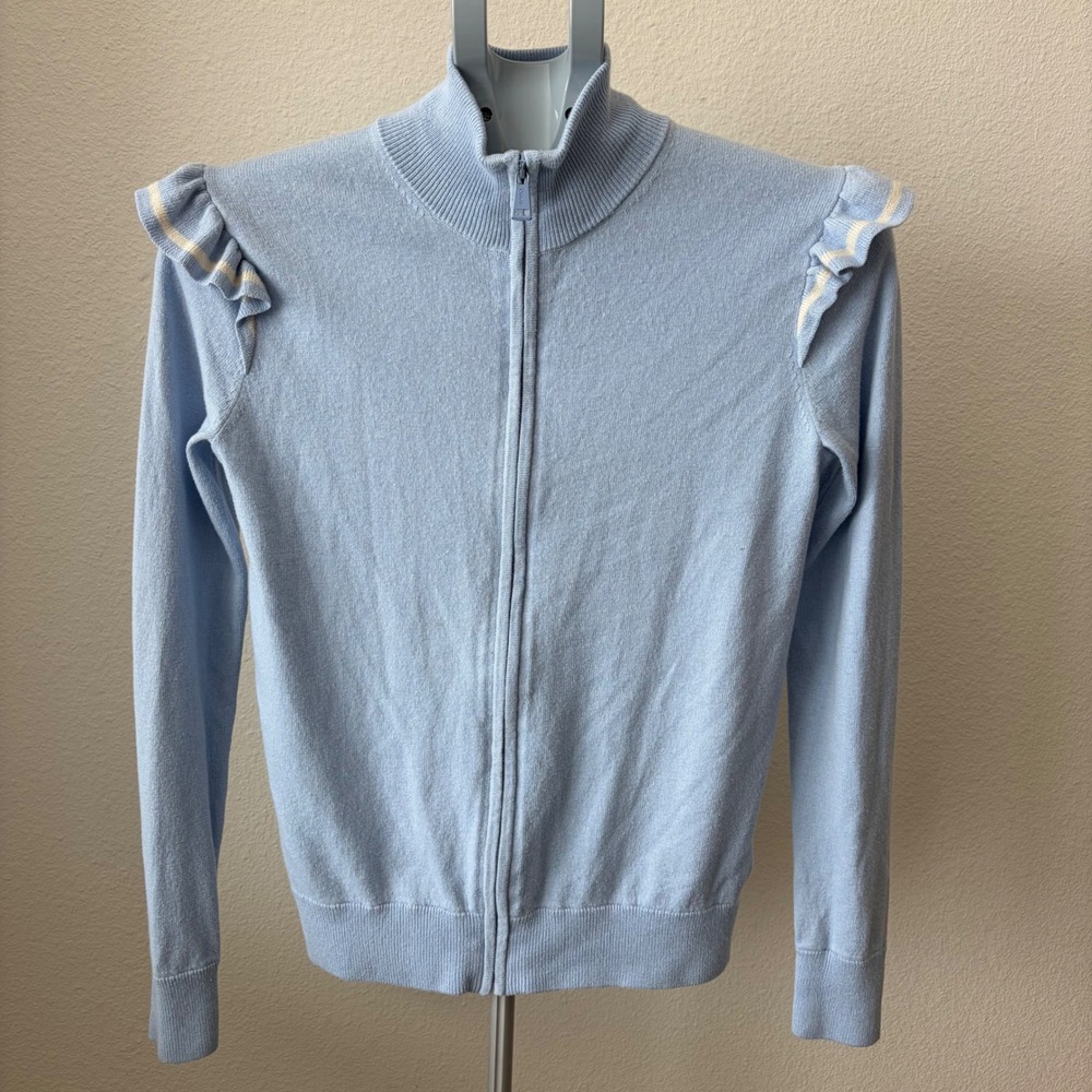 Polo Golf Ralph Lauren Cardigan Women S/P Blue Cashmere Blend Ruffle Zip Sweater